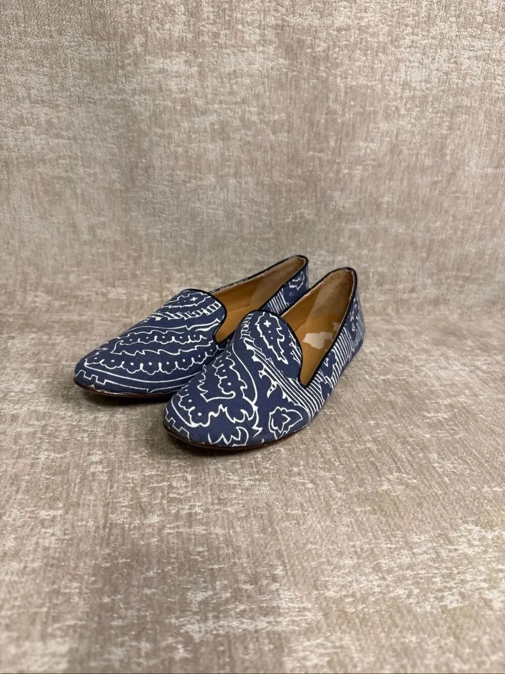 J. Crew Women's Floral Slip On Smoking Slipper Loafer Shoes Navy White Size 6.5